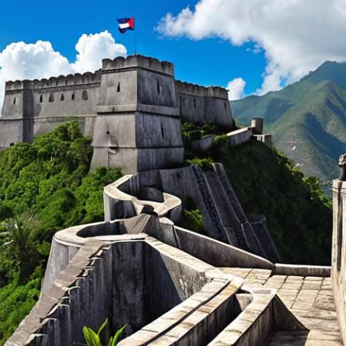 Home 19 Citadel Laferrière**
`Majestic Citadel Laferrière, built on a mountaintop, clouds surrounding, symbol of Haitian independence, reminiscent of an eagle's nest, cannons, blue sky.`
**