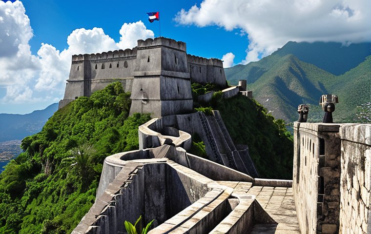 Citadel Laferrière**
`Majestic Citadel Laferrière, built on a mountaintop, clouds surrounding, symbol of Haitian independence, reminiscent of an eagle's nest, cannons, blue sky.`
**