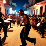 **

A vibrant street scene in Haiti at night.  Focus on musicians performing "Mizik Rasin," with drummers and guitarists illuminated by streetlights.  Capture the energy of the crowd, showing people dancing and celebrating. Emphasize the Vodou roots influence through symbolic imagery, but keep it respectful and not overly explicit.  The overall tone should be celebratory and energetic, reflecting the modern interpretation of traditional music.

**