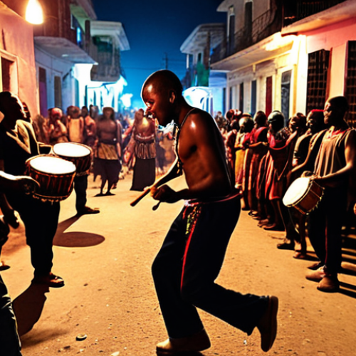 Home 18 **
A vibrant street scene in Haiti at night. Focus on musicians performing "Mizik Rasin," with drummers and guitarists illuminated by streetlights. Capture the energy of the crowd, showing people dancing and celebrating. Emphasize the Vodou roots influence through symbolic imagery, but keep it respectful and not overly explicit. The overall tone should be celebratory and energetic, reflecting the modern interpretation of traditional music.
**