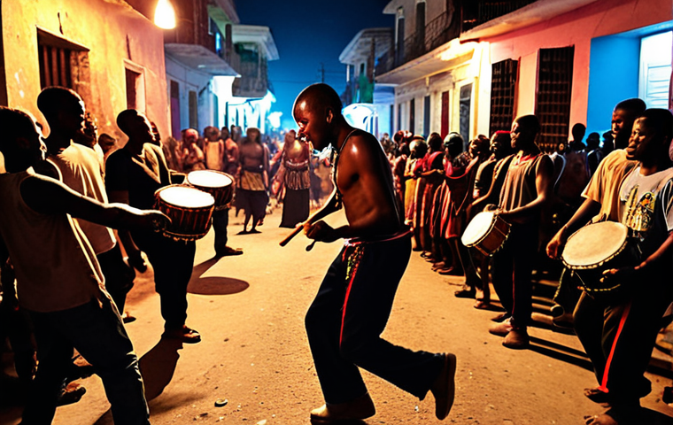 **
A vibrant street scene in Haiti at night. Focus on musicians performing "Mizik Rasin," with drummers and guitarists illuminated by streetlights. Capture the energy of the crowd, showing people dancing and celebrating. Emphasize the Vodou roots influence through symbolic imagery, but keep it respectful and not overly explicit. The overall tone should be celebratory and energetic, reflecting the modern interpretation of traditional music.
**