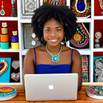 **A young Haitian entrepreneur showcasing handmade jewelry made from recycled materials at a vibrant online marketplace. Focus on the intricate details of the jewelry and the colorful display. Add a laptop displaying the Etsy website.**