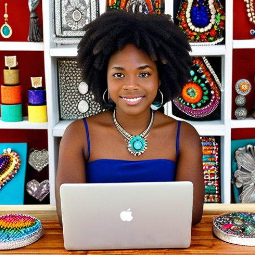 Home 17 **A young Haitian entrepreneur showcasing handmade jewelry made from recycled materials at a vibrant online marketplace. Focus on the intricate details of the jewelry and the colorful display. Add a laptop displaying the Etsy website.**