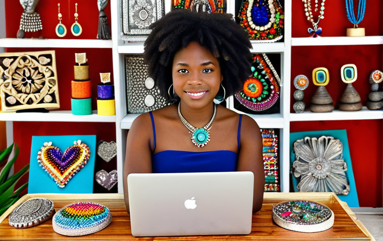 **A young Haitian entrepreneur showcasing handmade jewelry made from recycled materials at a vibrant online marketplace. Focus on the intricate details of the jewelry and the colorful display. Add a laptop displaying the Etsy website.**