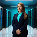 A professional female IT entrepreneur in a modest business suit, standing confidently in a secure, modern data center. She is overseeing glowing digital data streams that form an abstract shield, symbolizing robust cybersecurity and trust. Her expression is focused and reassuring, highlighting data protection and integrity. The environment is clean and high-tech, illuminated by blue and green digital lights.
    *   **Safety Requirements**: fully clothed, modest clothing, appropriate attire, professional dress, safe for work, appropriate content.
    *   **Anatomy Rules**: perfect anatomy, correct proportions, natural pose, well-formed hands, proper finger count, natural body proportions.
    *   **Quality Markers**: professional photography, high resolution, sharp focus, vibrant colors, futuristic aesthetic, digital art.