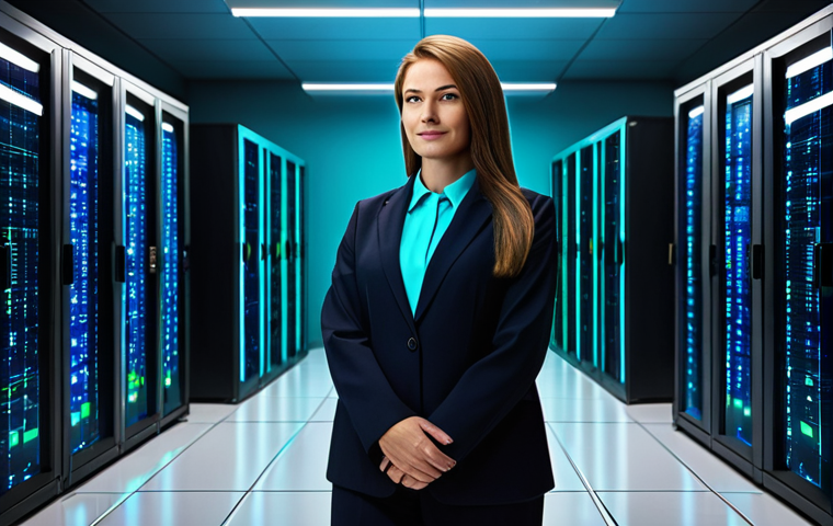 A professional female IT entrepreneur in a modest business suit, standing confidently in a secure, modern data center. She is overseeing glowing digital data streams that form an abstract shield, symbolizing robust cybersecurity and trust. Her expression is focused and reassuring, highlighting data protection and integrity. The environment is clean and high-tech, illuminated by blue and green digital lights.
* **Safety Requirements**: fully clothed, modest clothing, appropriate attire, professional dress, safe for work, appropriate content.
* **Anatomy Rules**: perfect anatomy, correct proportions, natural pose, well-formed hands, proper finger count, natural body proportions.
* **Quality Markers**: professional photography, high resolution, sharp focus, vibrant colors, futuristic aesthetic, digital art.